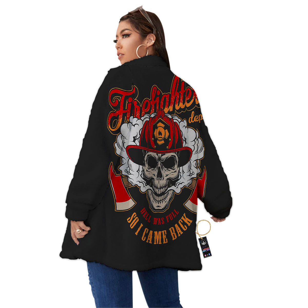 Skull Firefighter Department Print Women's Sherpa Jacket-grizzshop