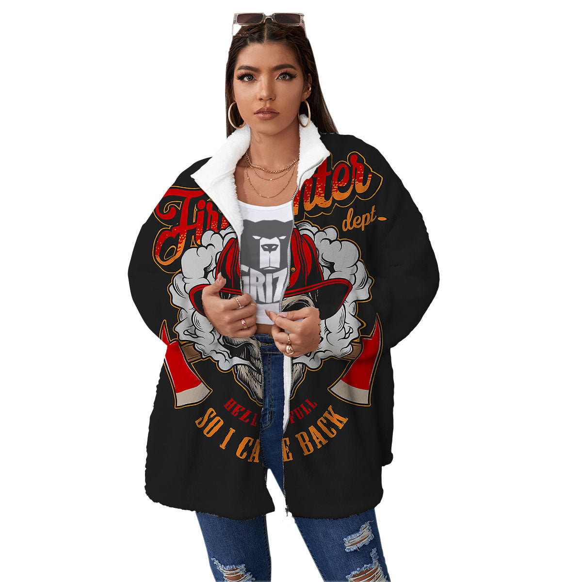 Skull Firefighter Department Print Women's Sherpa Jacket-grizzshop