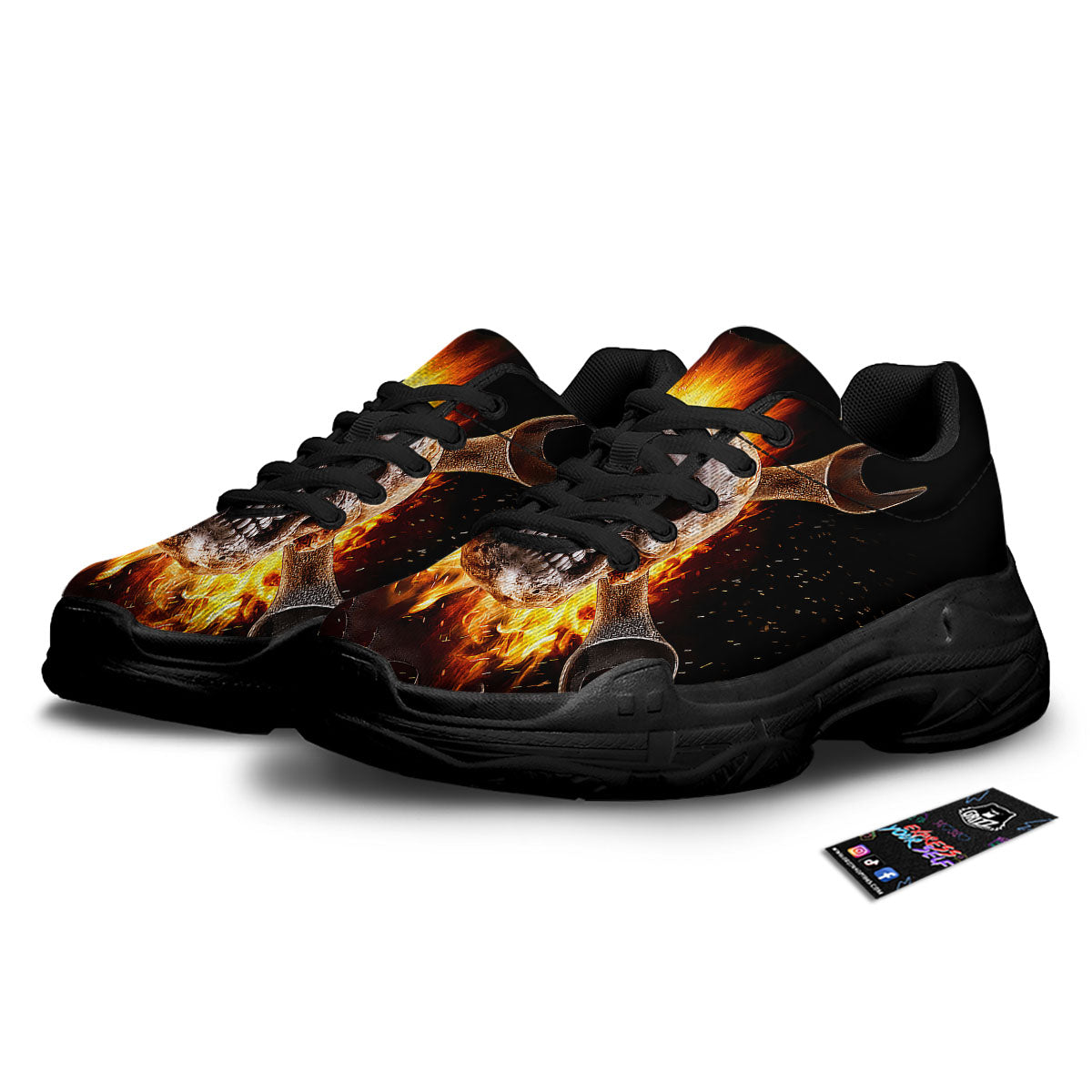 Skull Flaming And Cross Wrench Print Black Chunky Shoes-grizzshop