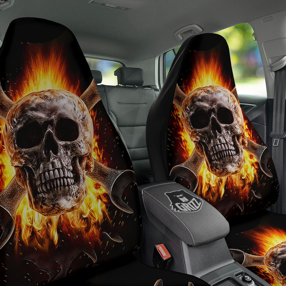 Skull Flaming And Cross Wrench Print Car Seat Covers-grizzshop