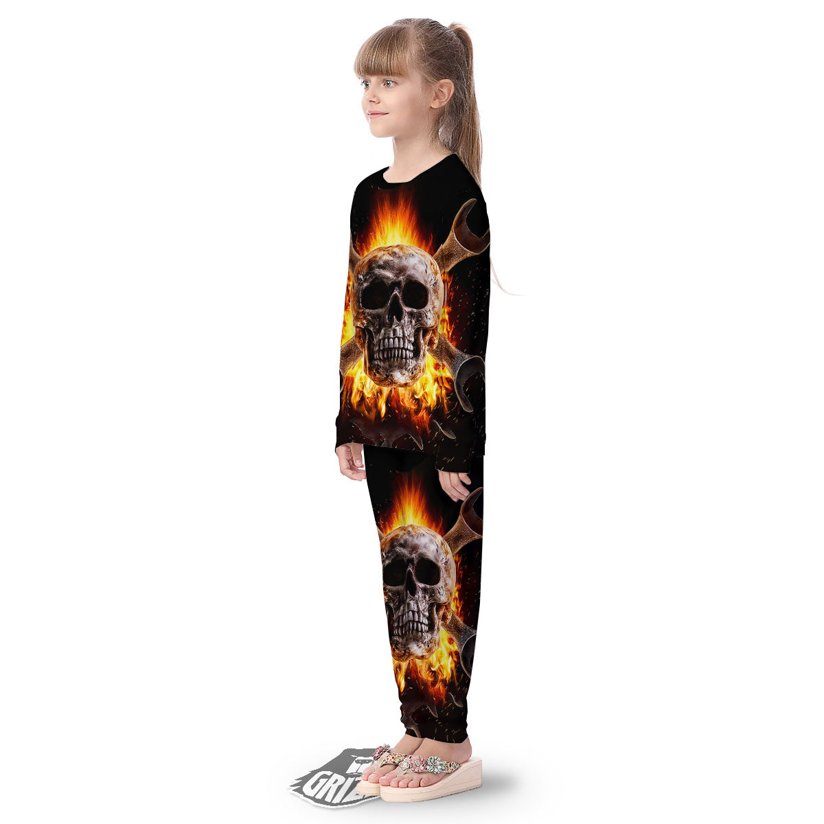 Skull Flaming And Cross Wrench Print Kid's Pajamas-grizzshop