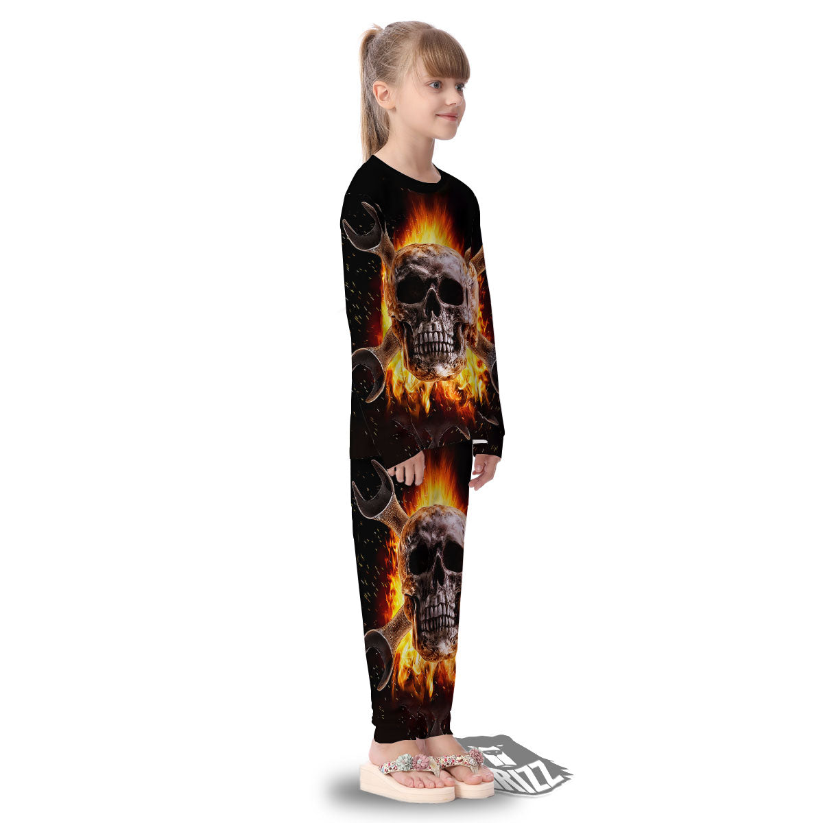 Skull Flaming And Cross Wrench Print Kid's Pajamas-grizzshop