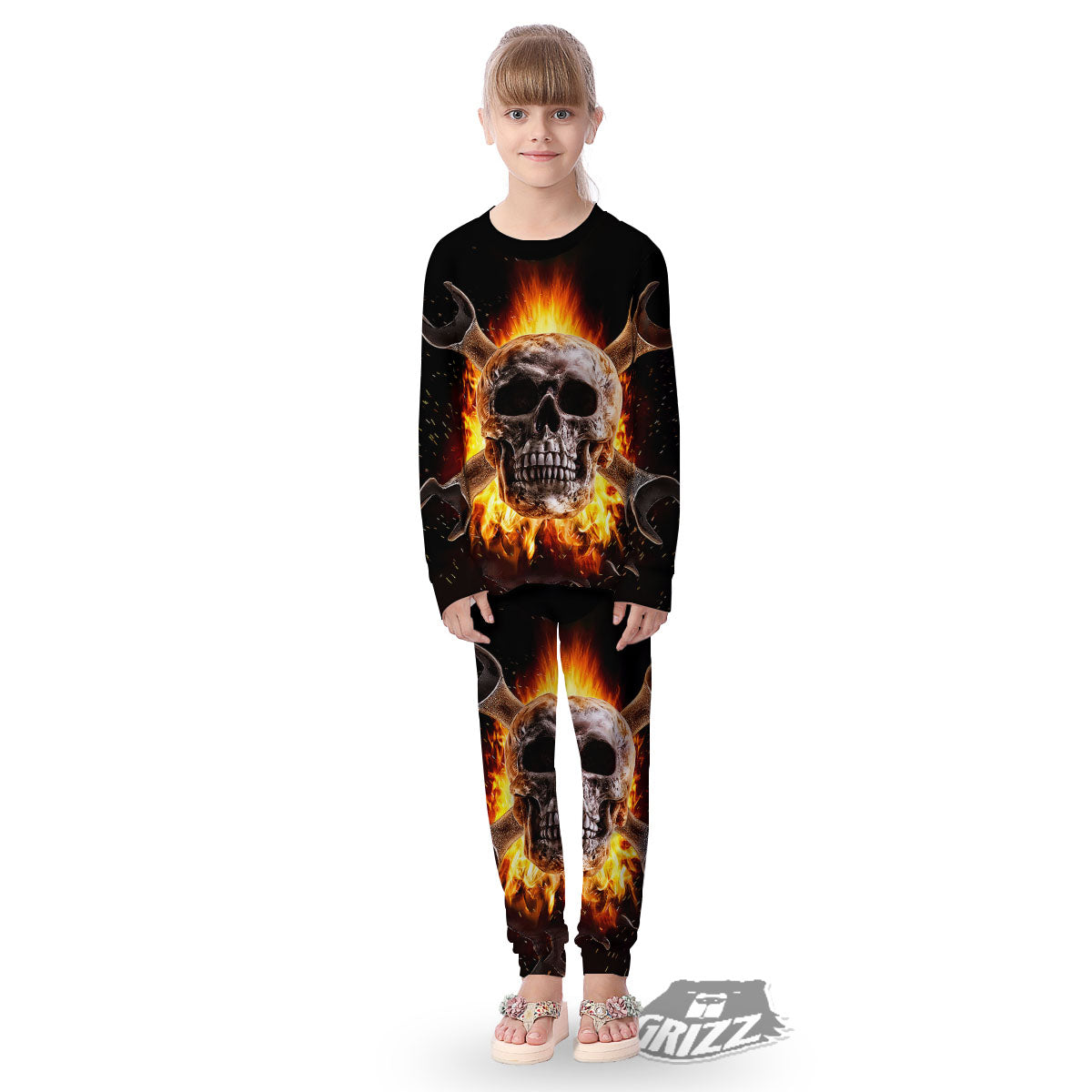Skull Flaming And Cross Wrench Print Kid's Pajamas-grizzshop