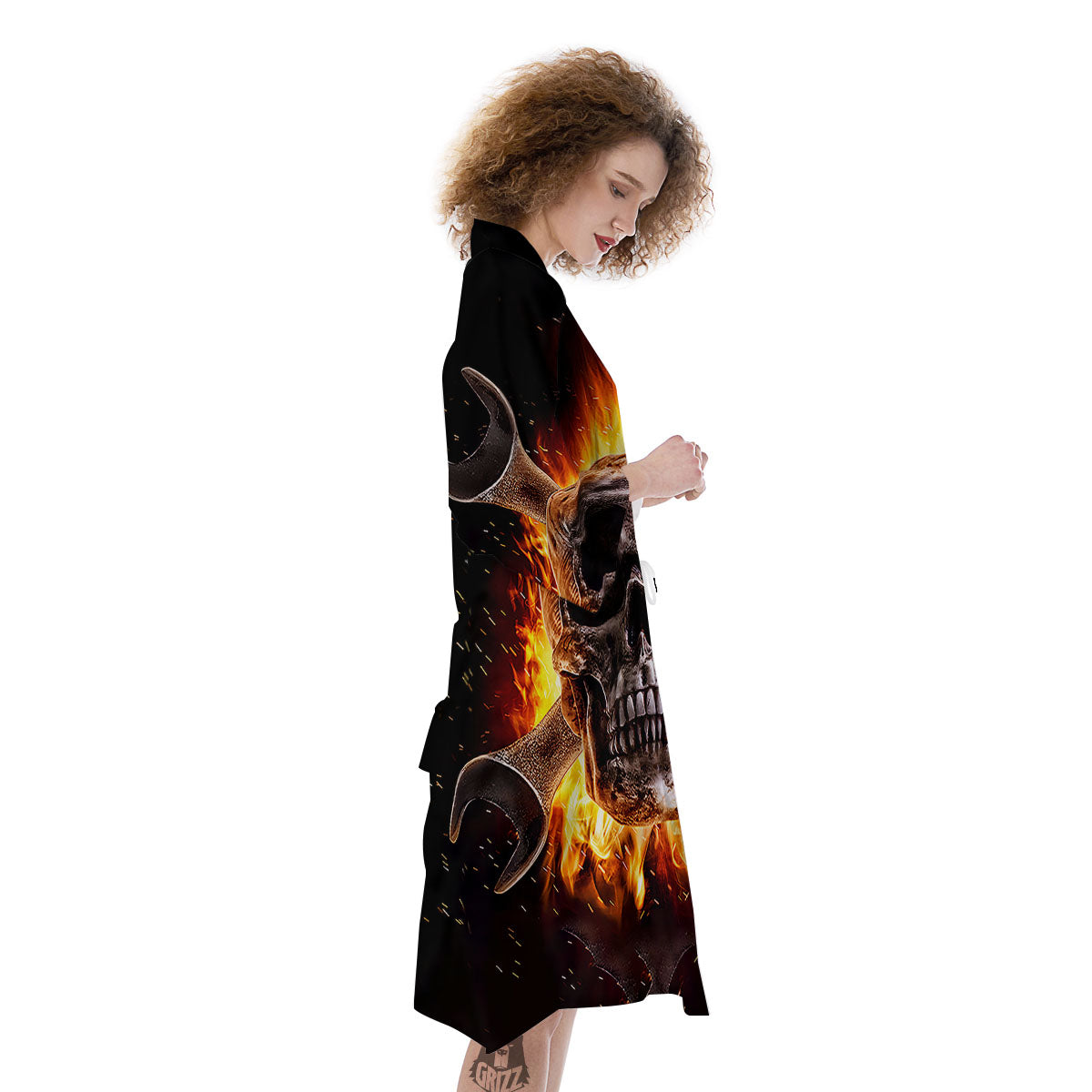 Skull Flaming And Cross Wrench Print Kimono-grizzshop