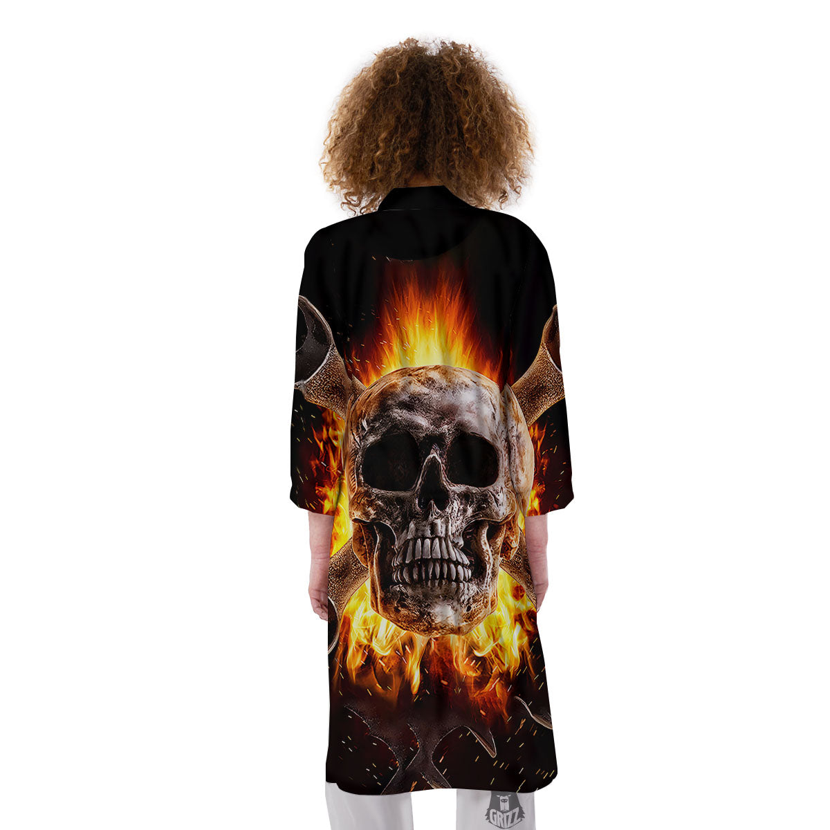 Skull Flaming And Cross Wrench Print Kimono-grizzshop