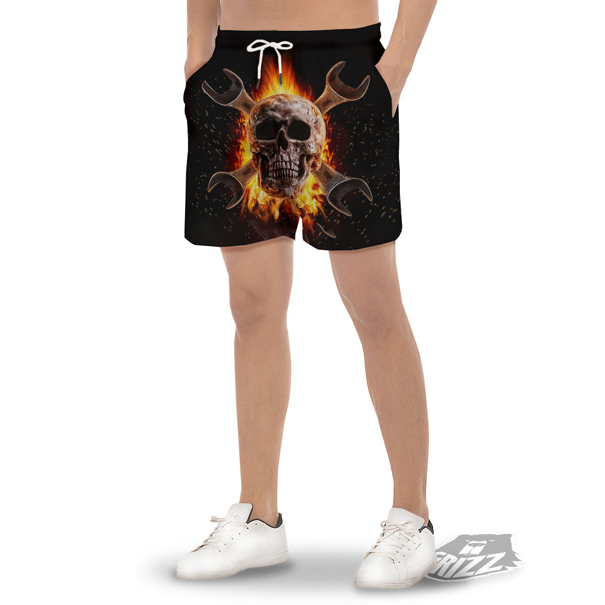 Skull Flaming And Cross Wrench Print Men's Gym Shorts-grizzshop