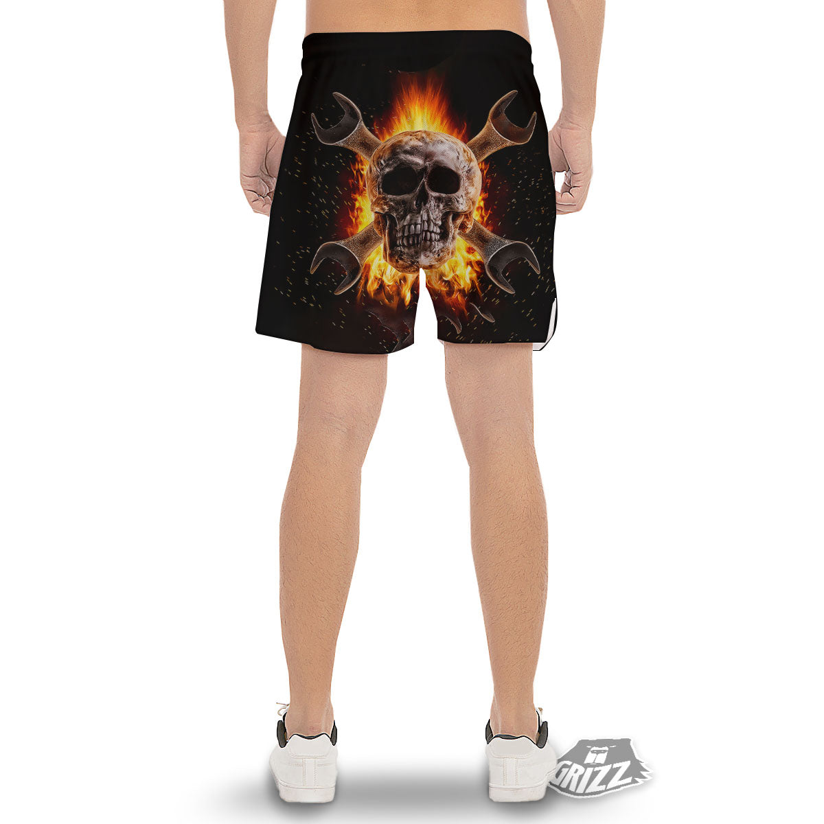 Skull Flaming And Cross Wrench Print Men's Gym Shorts-grizzshop
