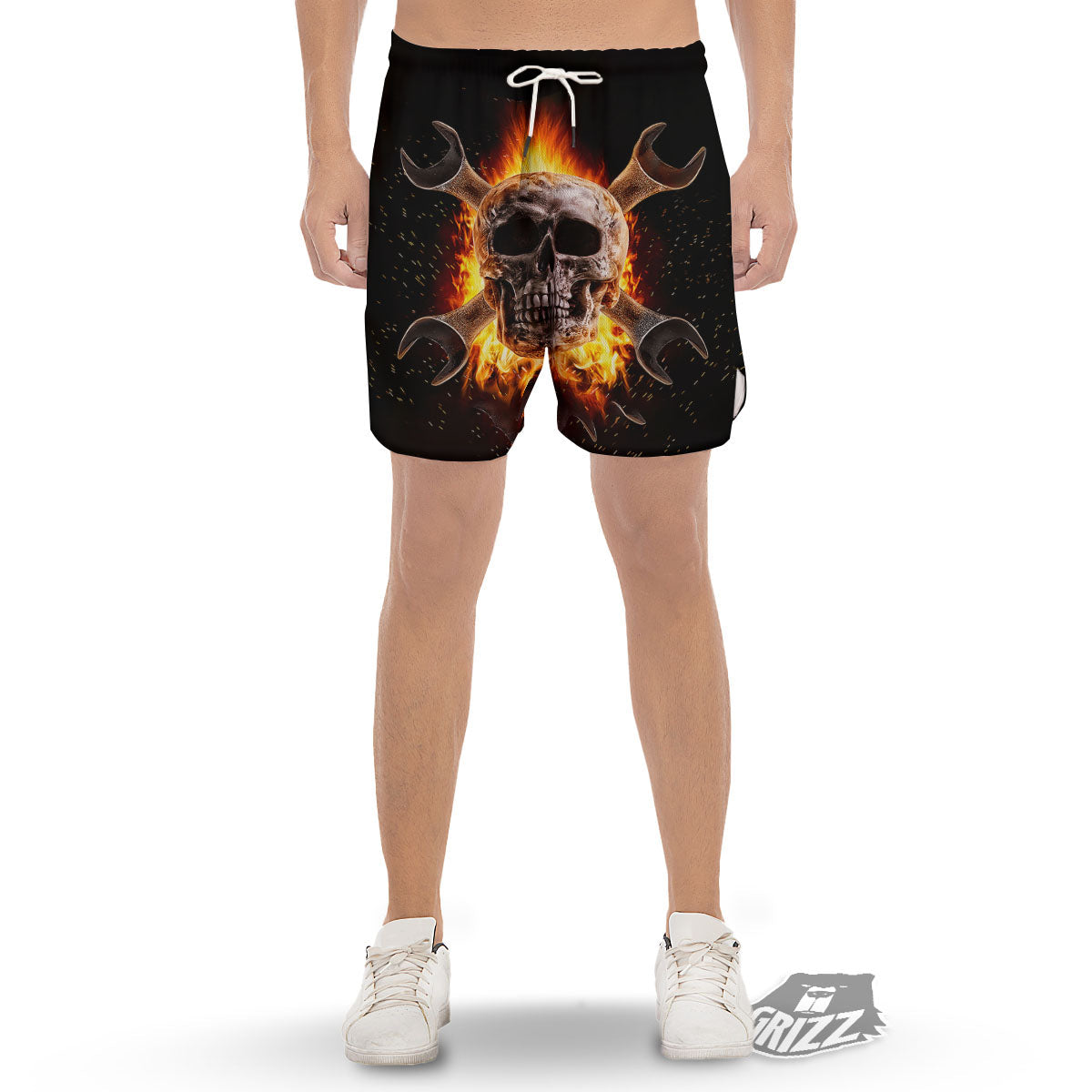 Skull Flaming And Cross Wrench Print Men's Gym Shorts-grizzshop