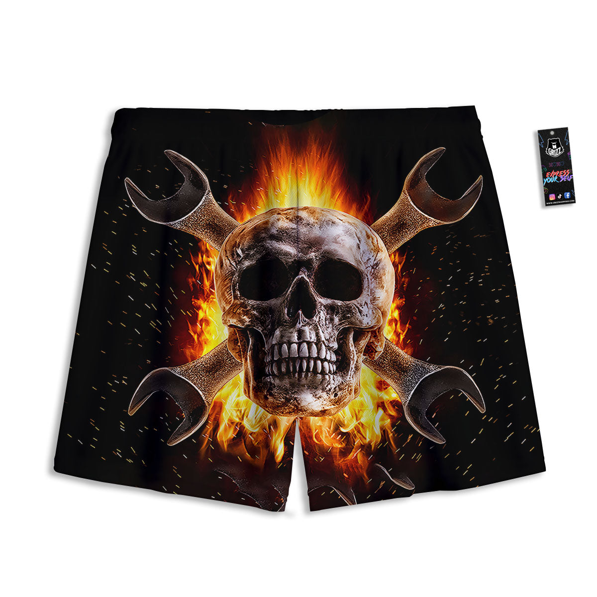 Skull Flaming And Cross Wrench Print Mesh Shorts