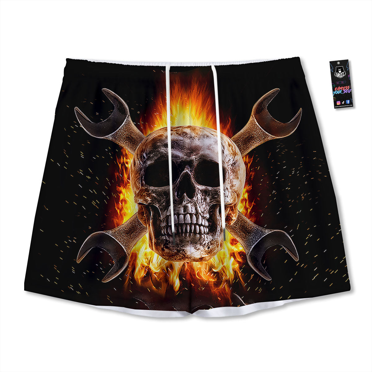 Skull Flaming And Cross Wrench Print Mesh Shorts