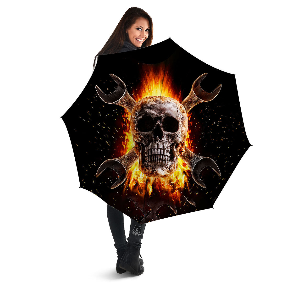 Skull Flaming And Cross Wrench Print Umbrella-grizzshop