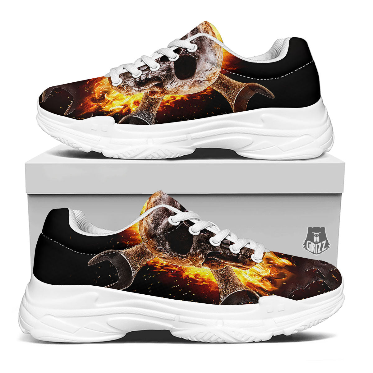 Skull Flaming And Cross Wrench Print White Chunky Shoes-grizzshop