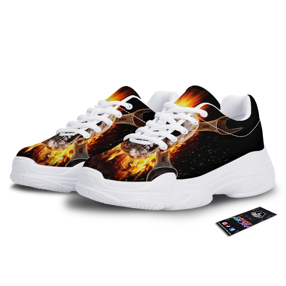Skull Flaming And Cross Wrench Print White Chunky Shoes-grizzshop