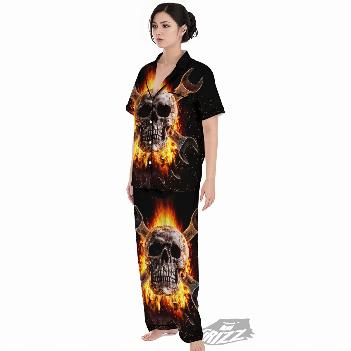 Skull Flaming And Cross Wrench Print Women's Pajamas Set-grizzshop
