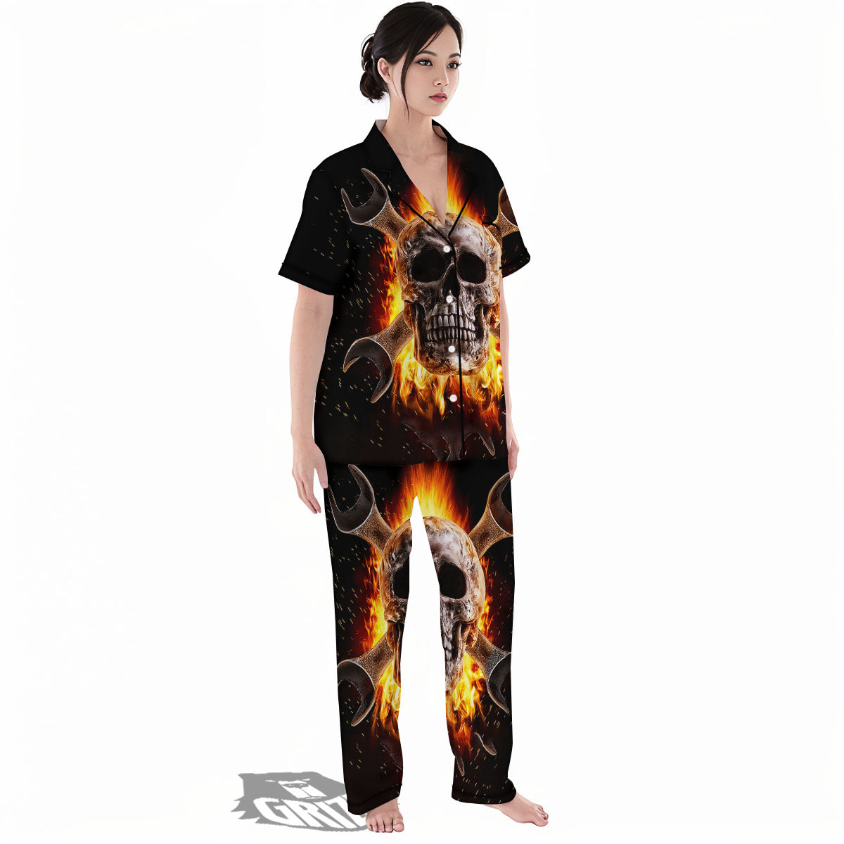 Skull Flaming And Cross Wrench Print Women's Pajamas Set-grizzshop