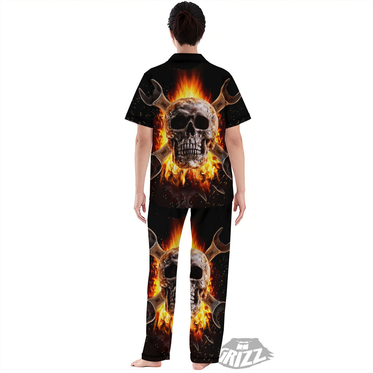 Skull Flaming And Cross Wrench Print Women's Pajamas Set-grizzshop