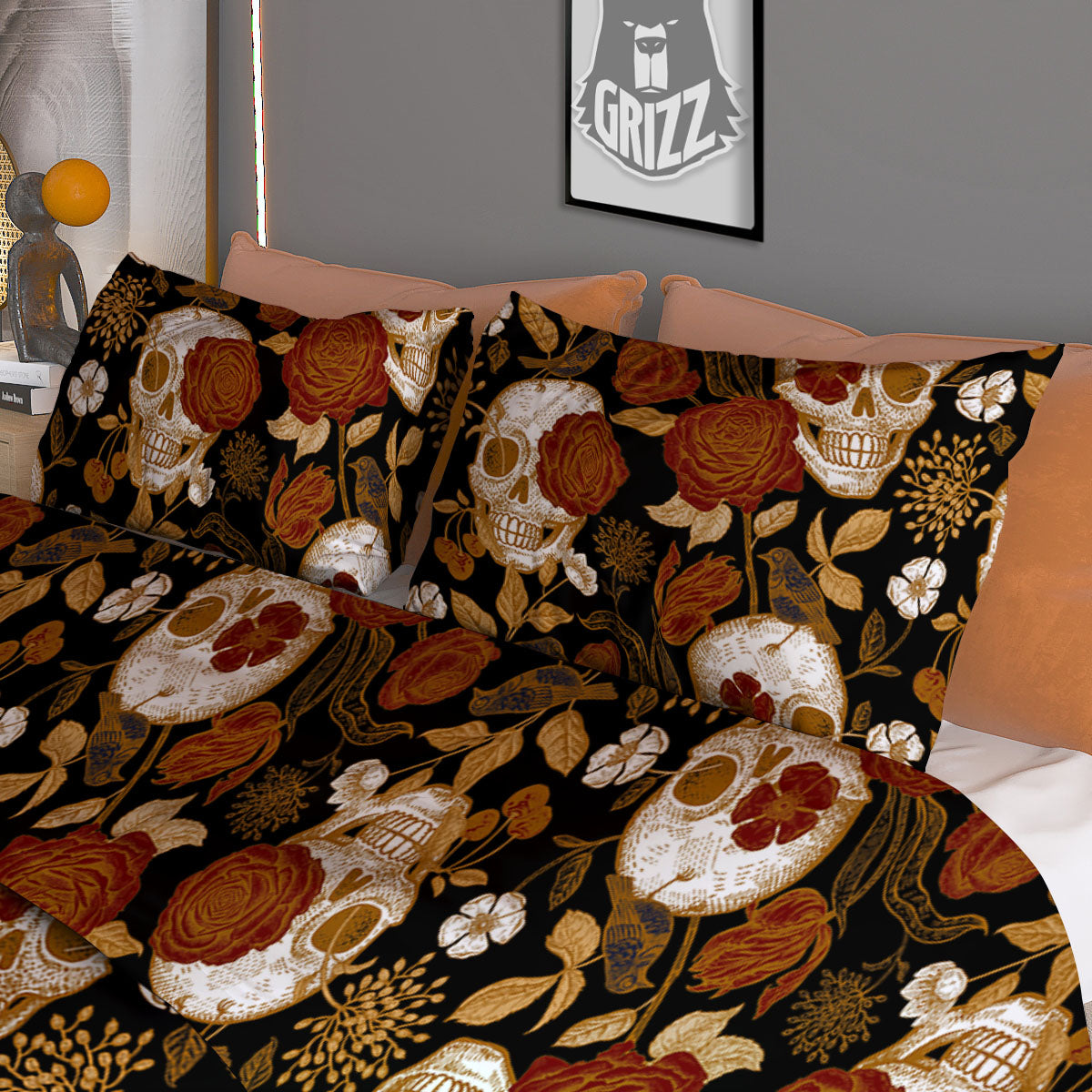 Skull Floral Vintage Print Pattern Duvet Cover Bedding Set