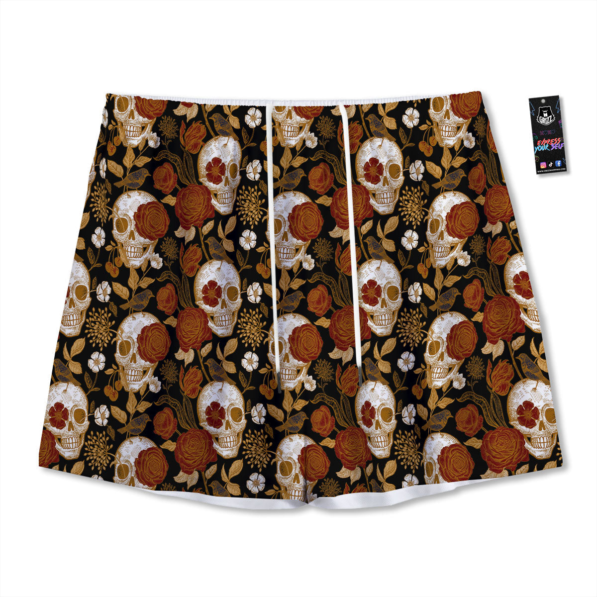 Skull Floral Vintage Print Pattern Mesh Shorts