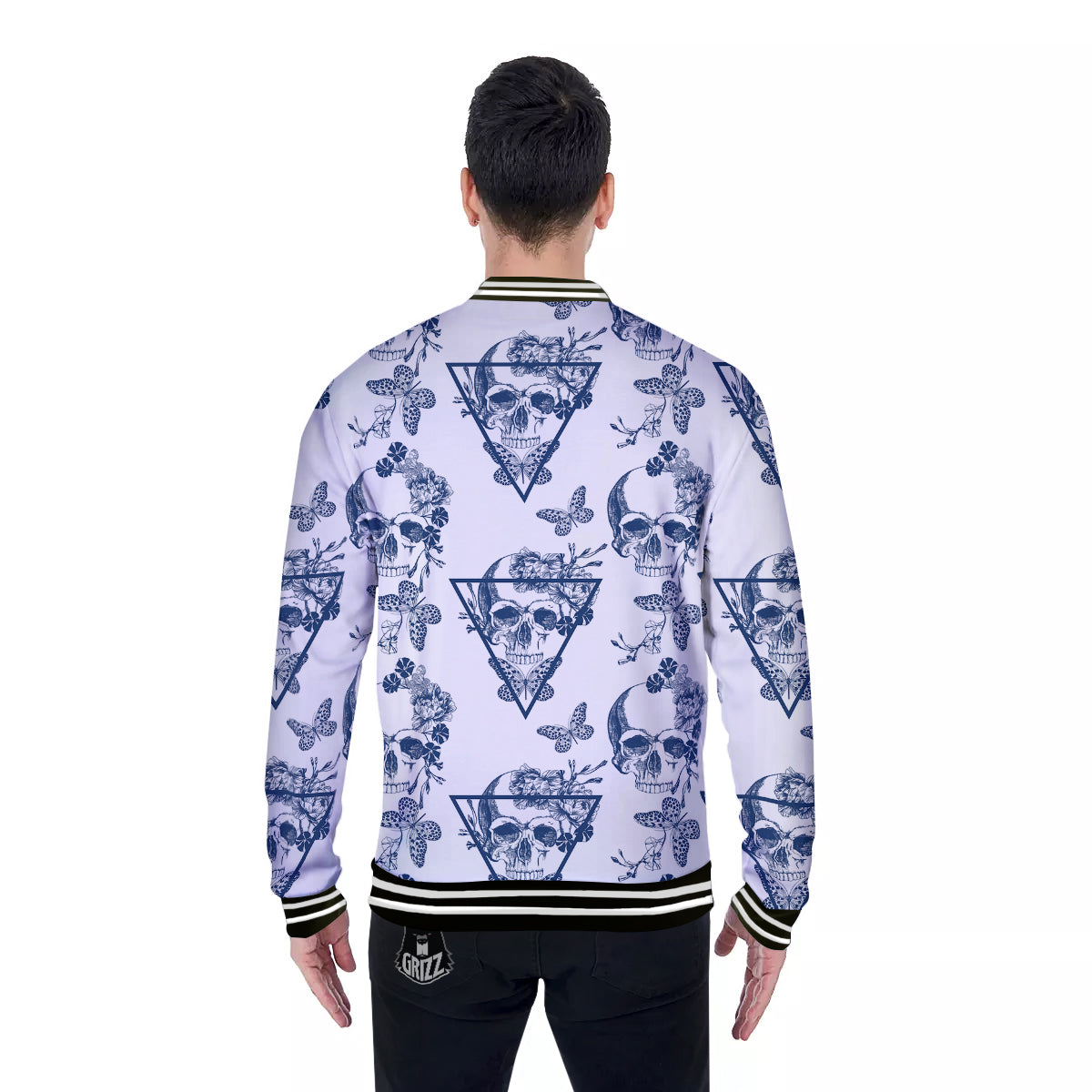 Skull Floral White And Blue Print Pattern Baseball Jacket-grizzshop