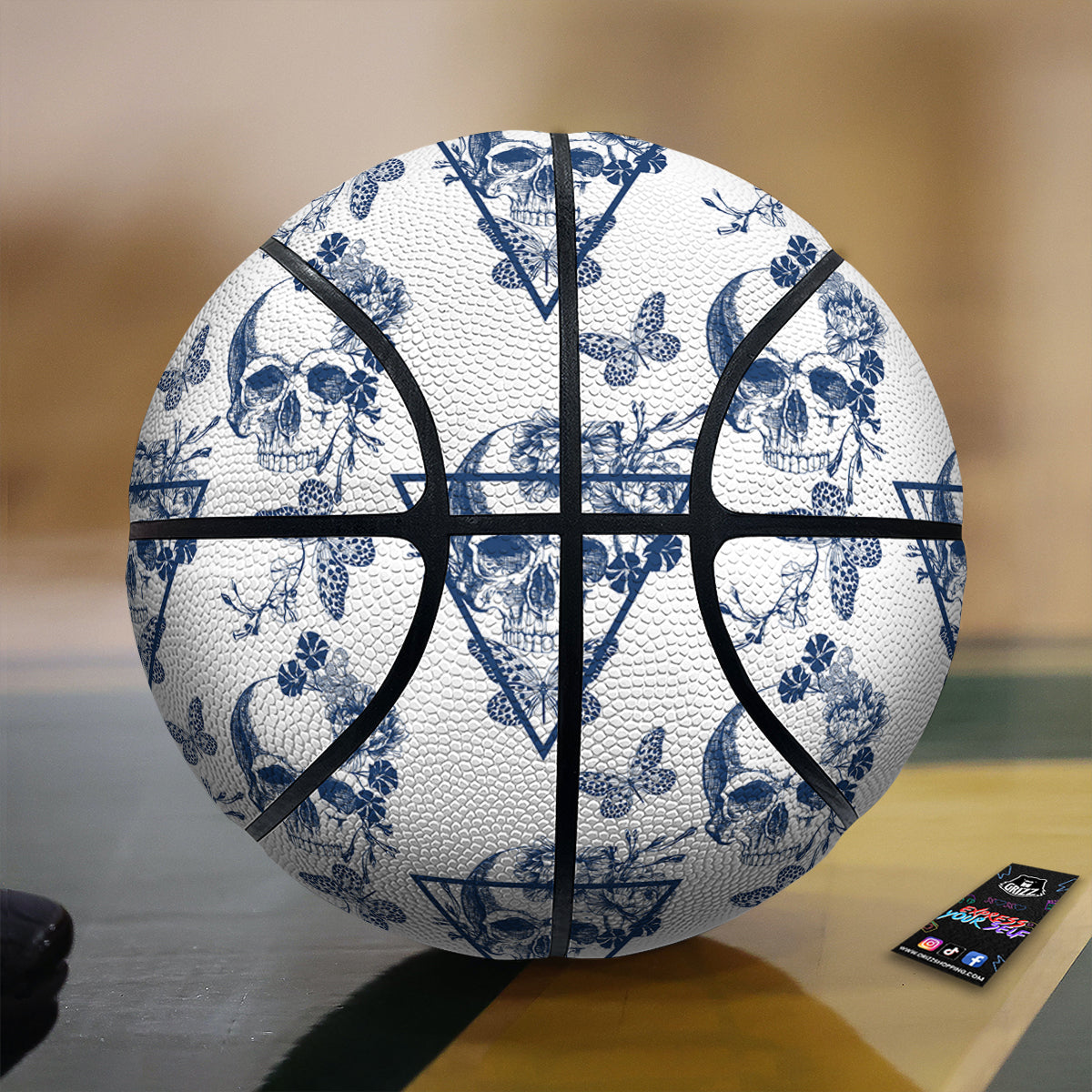Skull Floral White And Blue Print Pattern Basketball