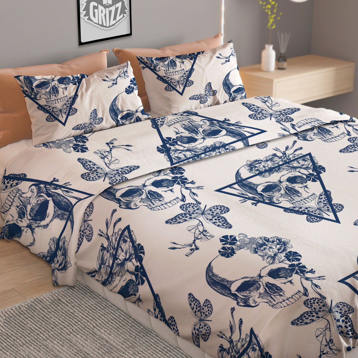 Skull Floral White And Blue Print Pattern Duvet Cover Bedding Set