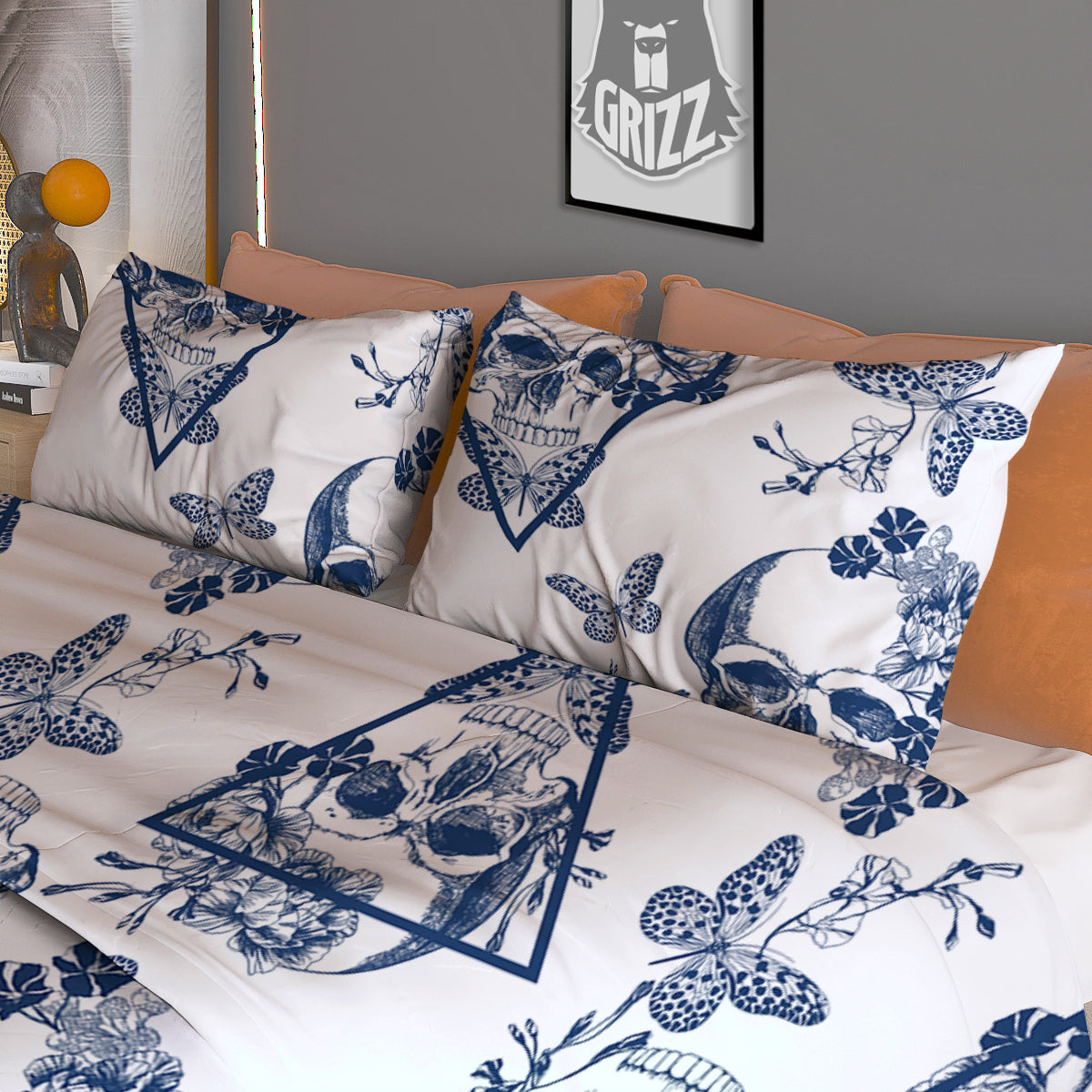 Skull Floral White And Blue Print Pattern Duvet Cover Bedding Set