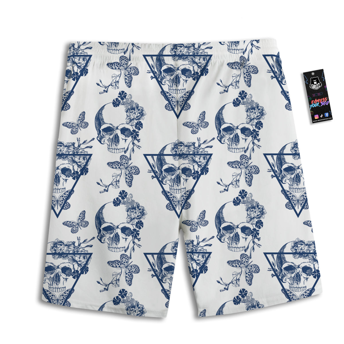Skull Floral White And Blue Print Pattern Men's Athletic Shorts