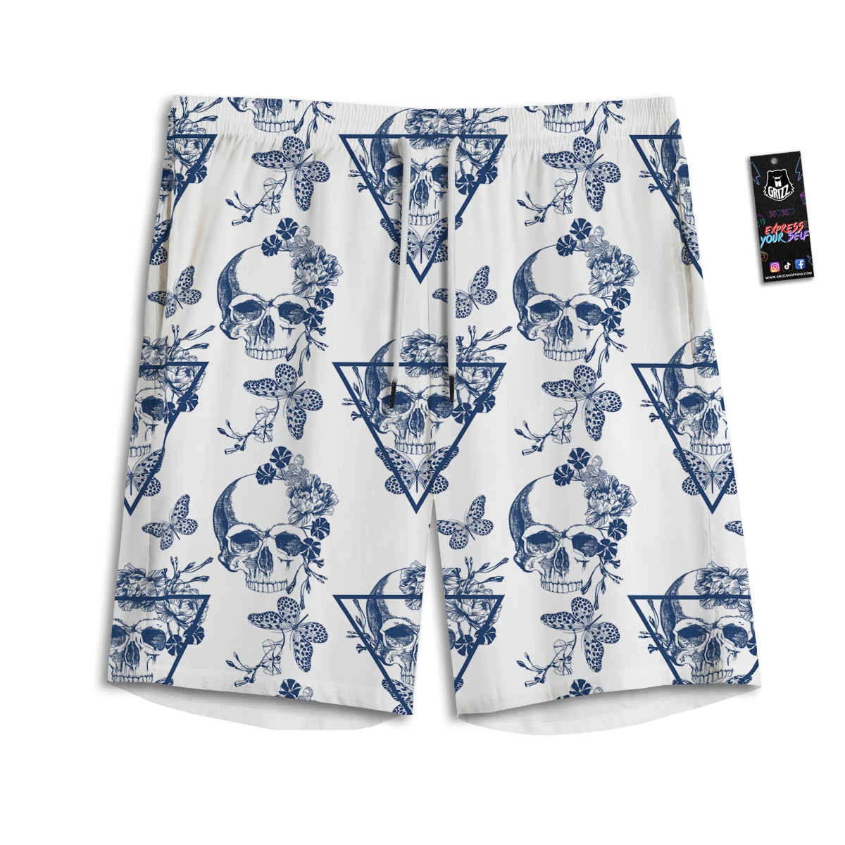 Skull Floral White And Blue Print Pattern Men's Athletic Shorts