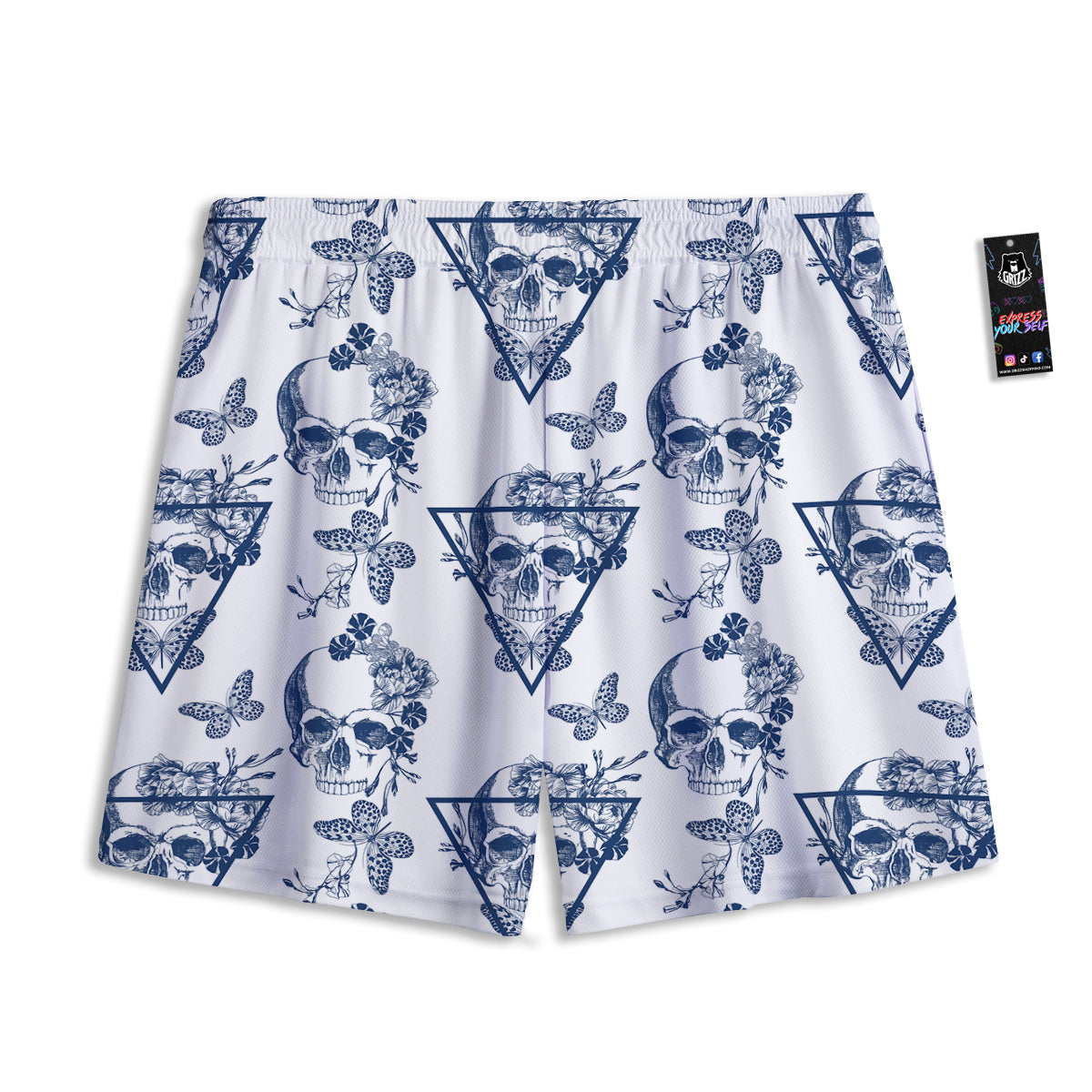 Skull Floral White And Blue Print Pattern Mesh Shorts