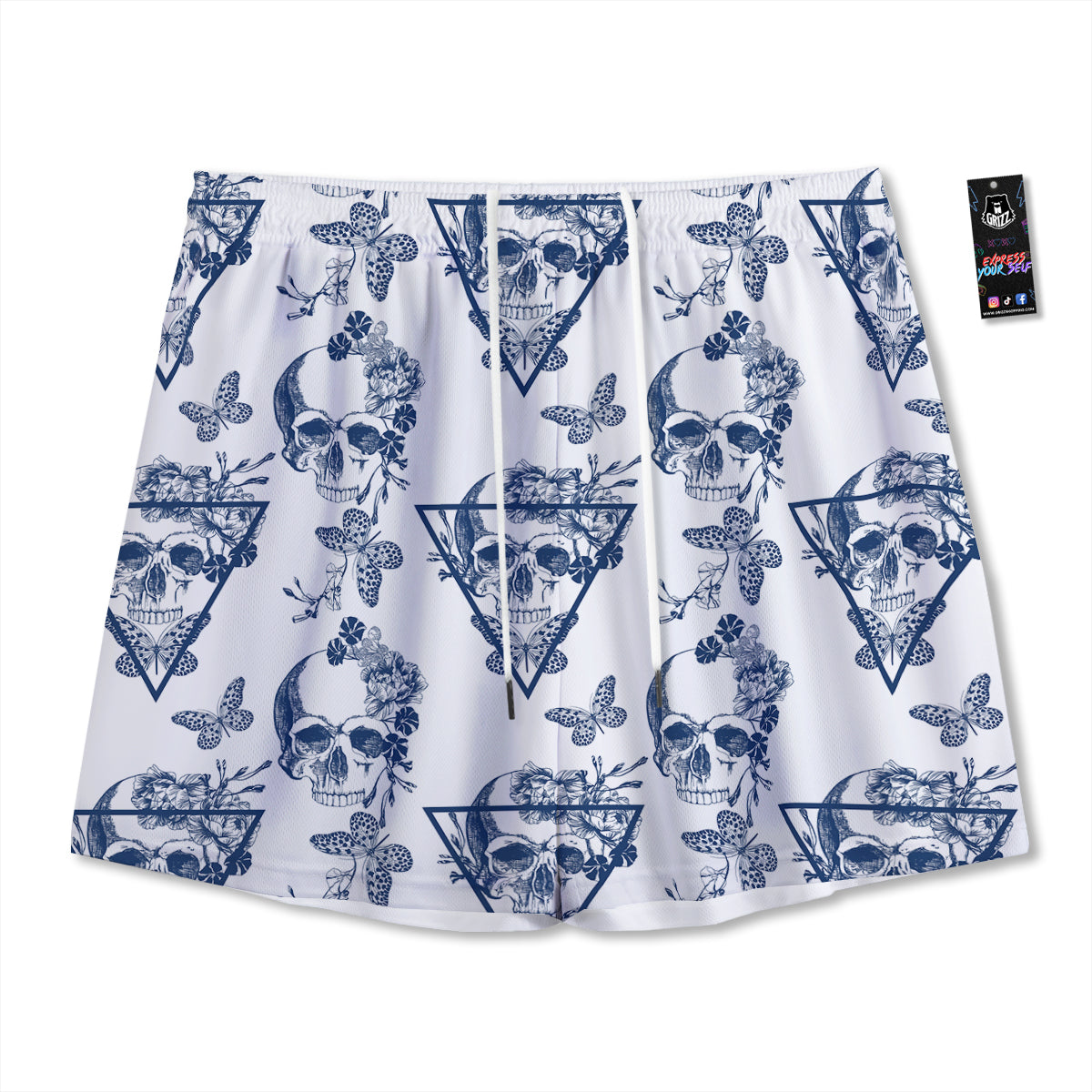 Skull Floral White And Blue Print Pattern Mesh Shorts
