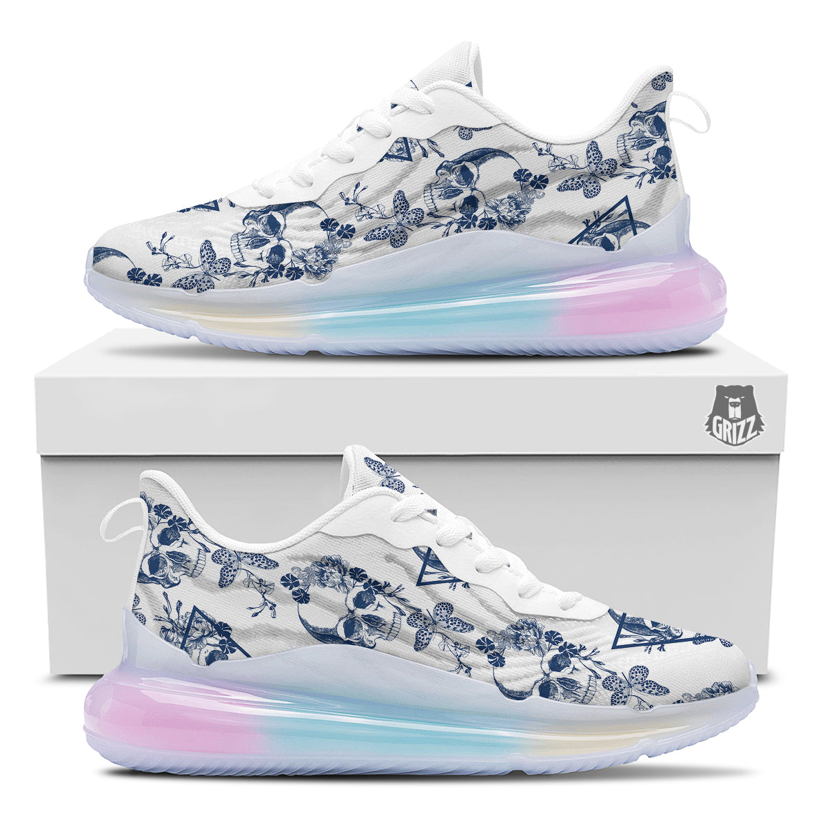 Skull Floral White And Blue Print Pattern Running Sneakers-grizzshop