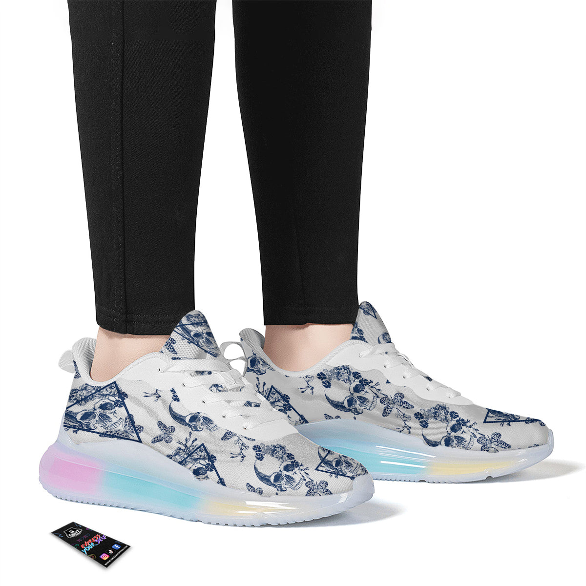 Skull Floral White And Blue Print Pattern Running Sneakers-grizzshop