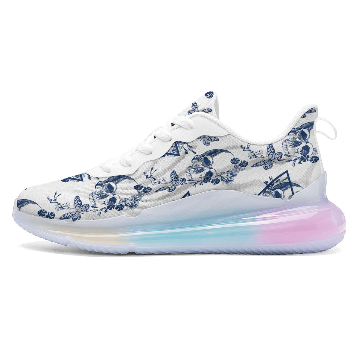 Skull Floral White And Blue Print Pattern Running Sneakers-grizzshop