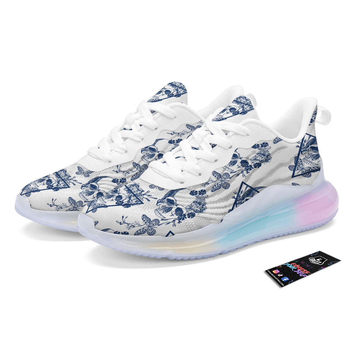 Skull Floral White And Blue Print Pattern Running Sneakers-grizzshop