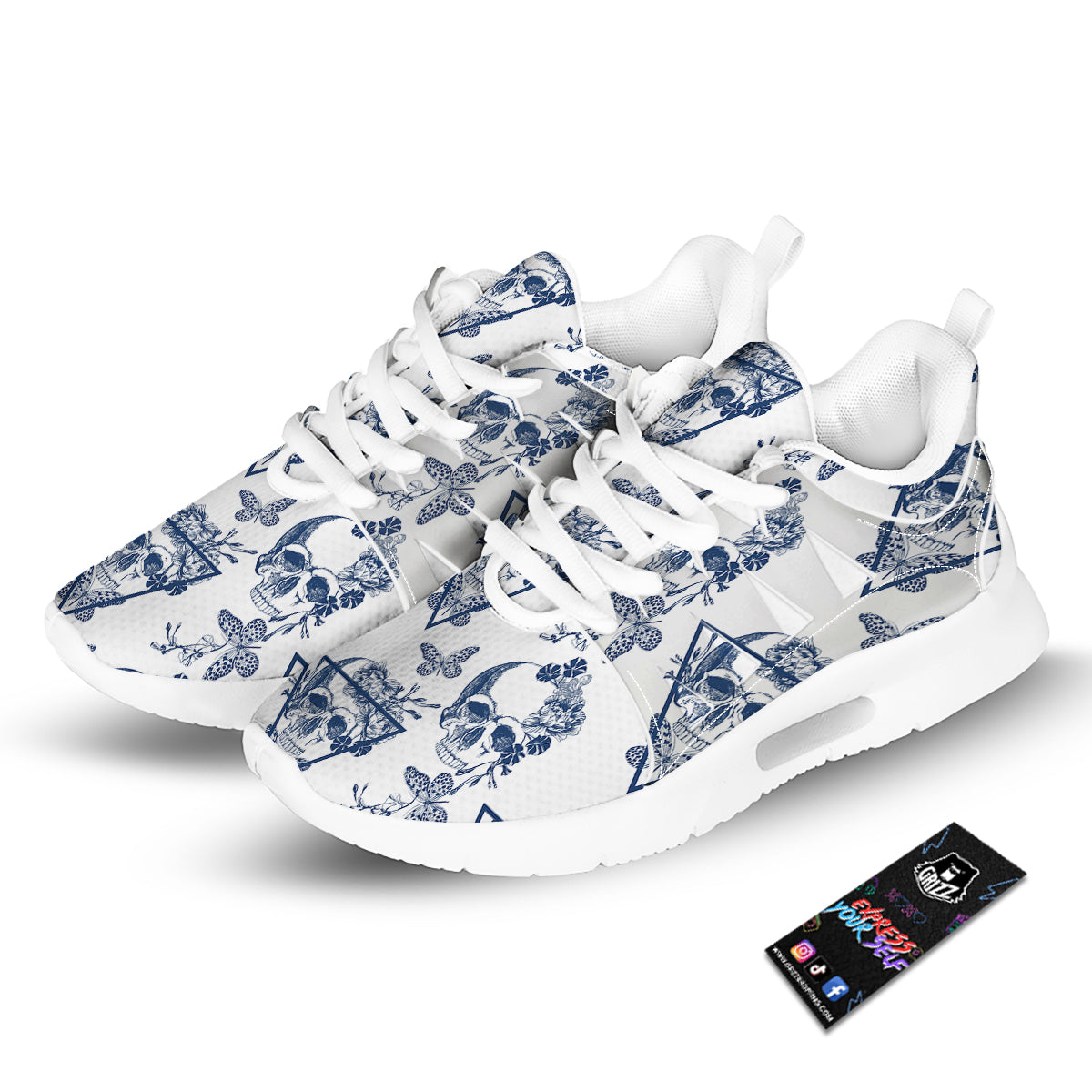 Skull Floral White And Blue Print Pattern Tennis Shoes-grizzshop