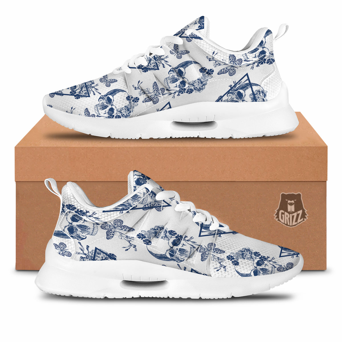 Skull Floral White And Blue Print Pattern Tennis Shoes-grizzshop