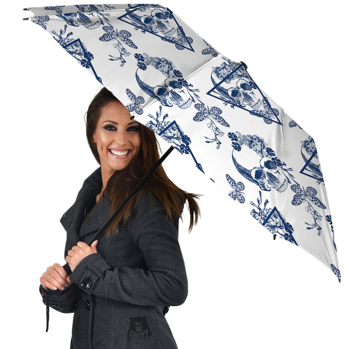 Skull Floral White And Blue Print Pattern Umbrella-grizzshop