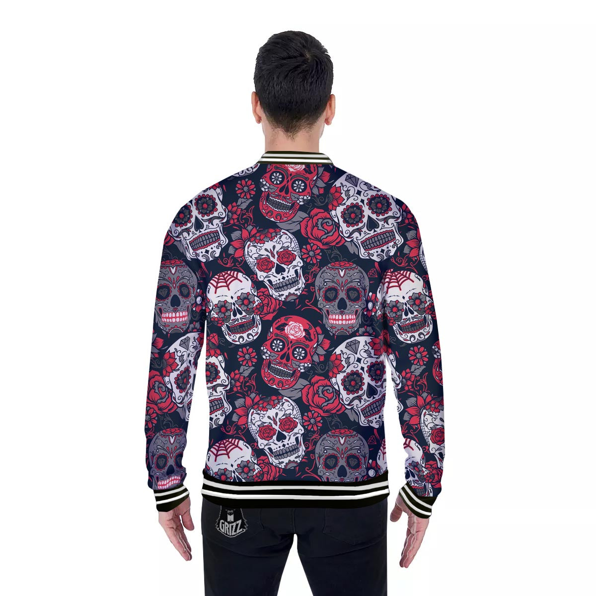 Skull Flower Red Sugar Print Pattern Baseball Jacket-grizzshop