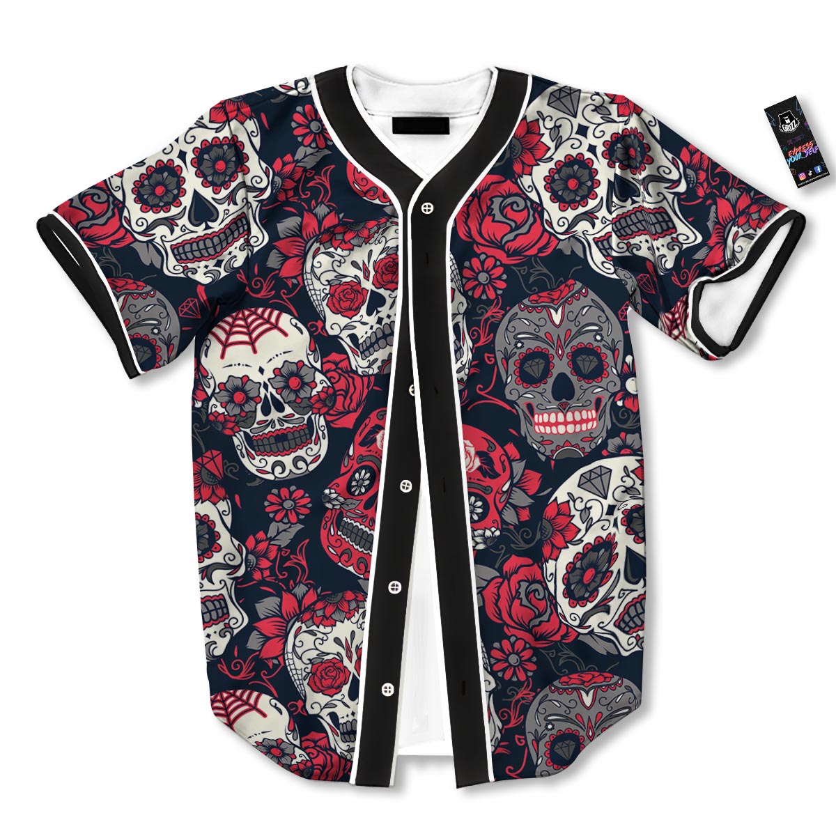 Skull Flower Red Sugar Print Pattern Baseball Jersey-grizzshop