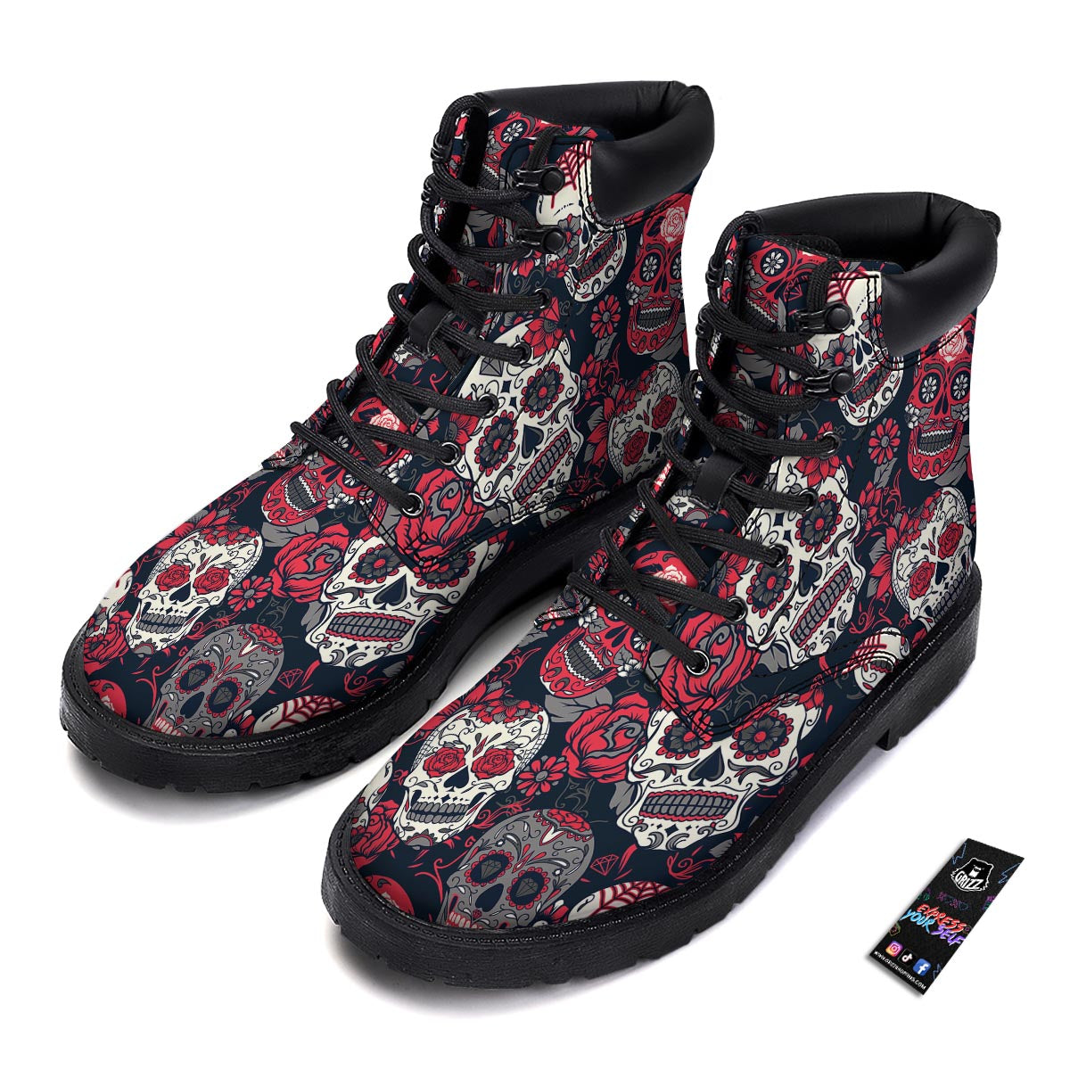 Skull Flower Red Sugar Print Pattern Boots-grizzshop