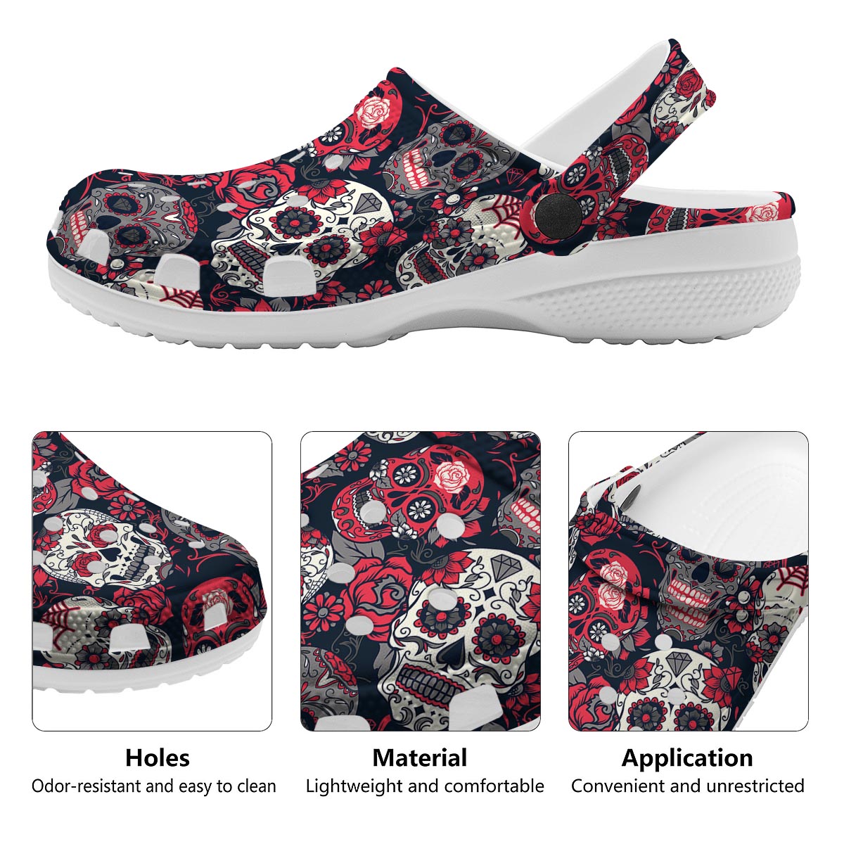 Skull Flower Red Sugar Print Pattern Clog-grizzshop