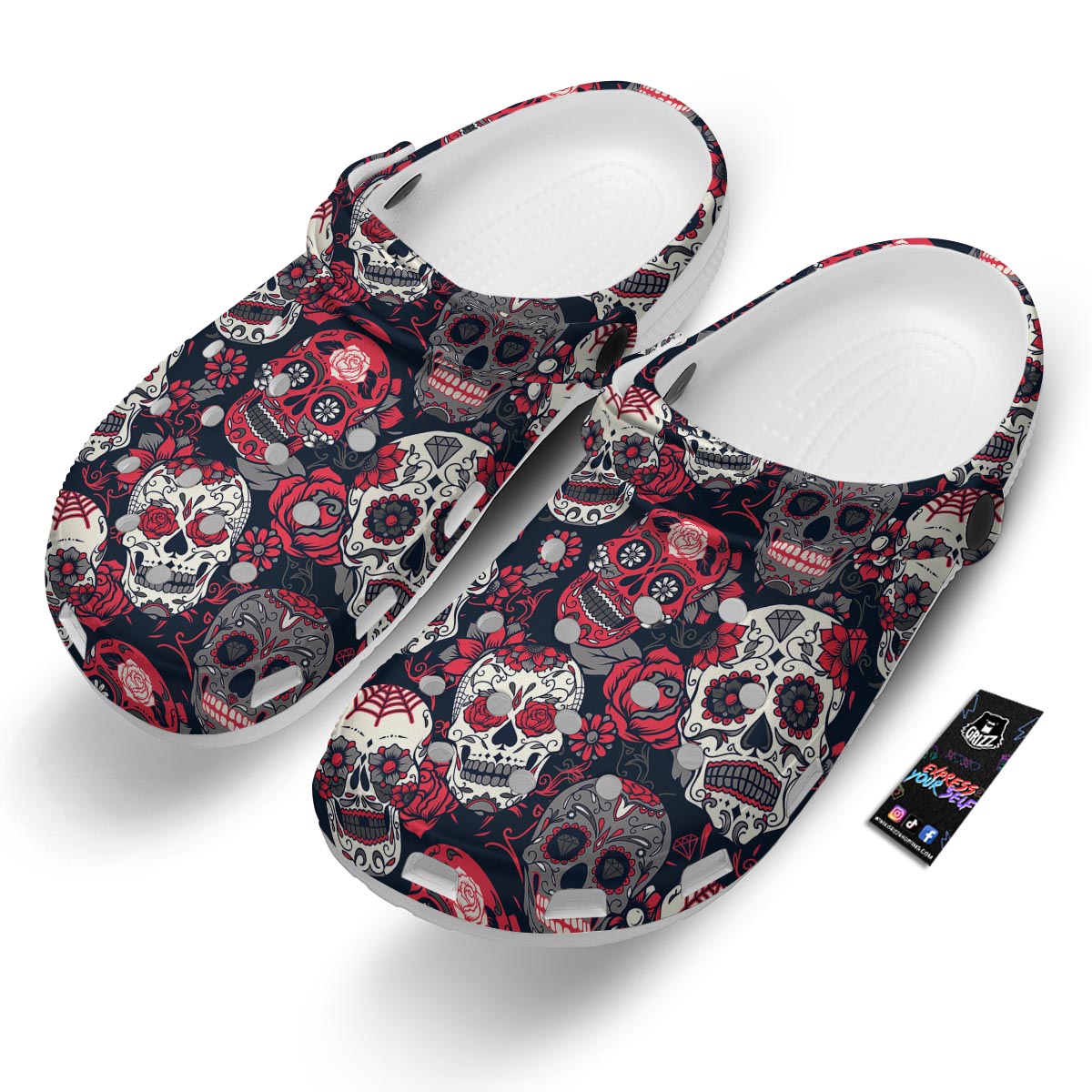 Skull Flower Red Sugar Print Pattern Clog-grizzshop