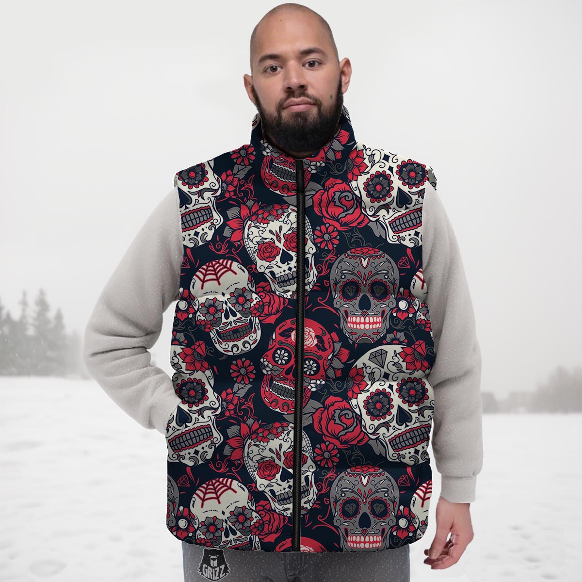 Skull Flower Red Sugar Print Pattern Down Vest-grizzshop