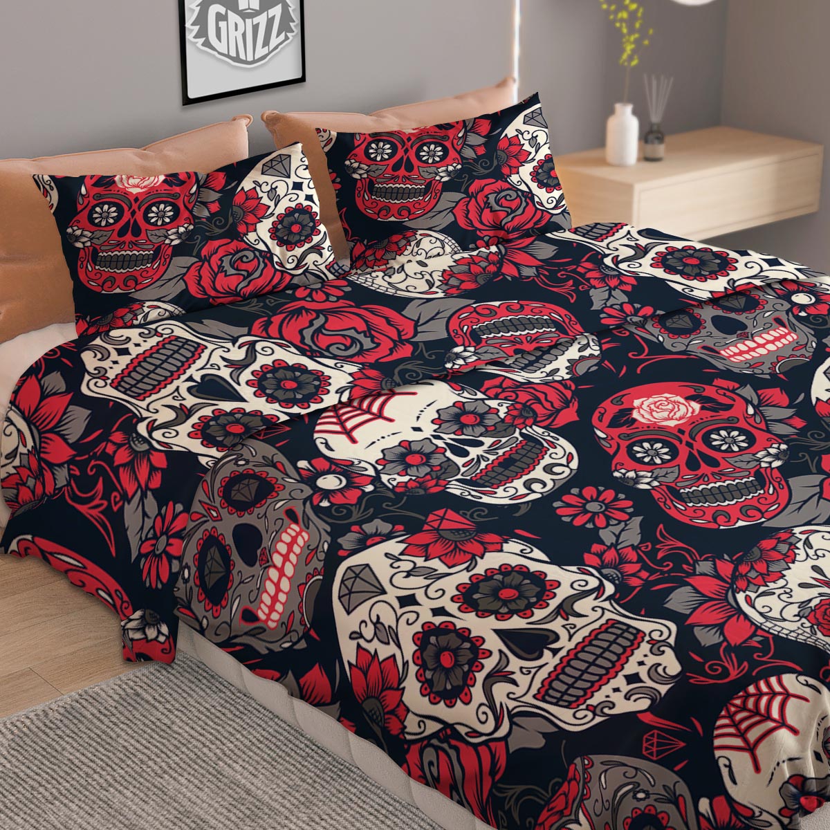 Skull Flower Red Sugar Print Pattern  Duvet Cover Bedding Set