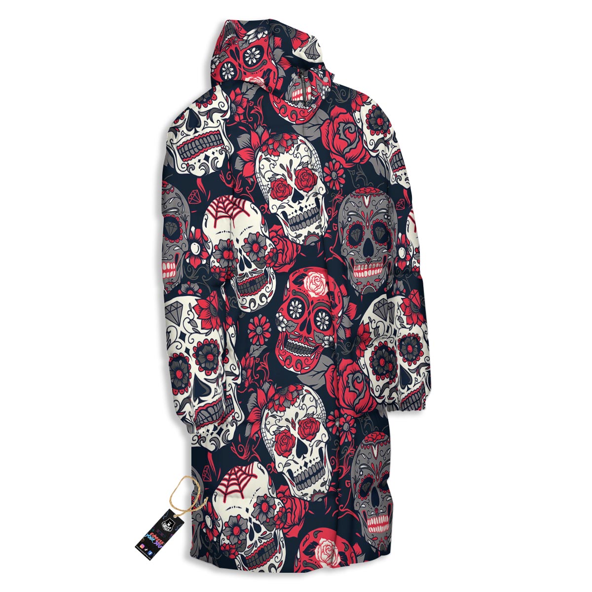 Skull Flower Red Sugar Print Pattern Long Down Jacket-grizzshop
