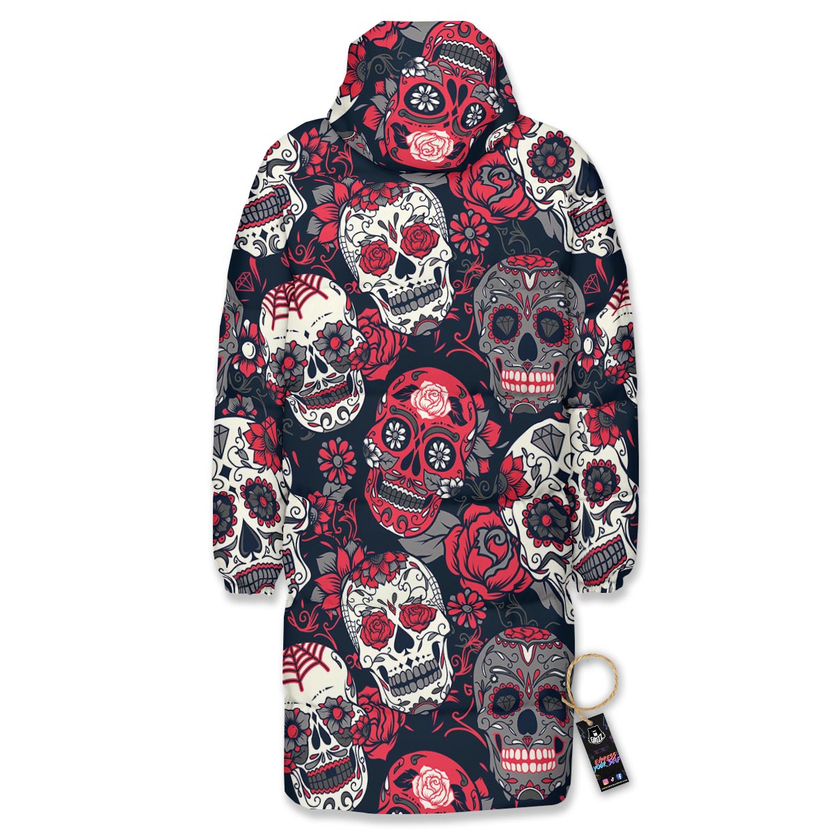 Skull Flower Red Sugar Print Pattern Long Down Jacket-grizzshop