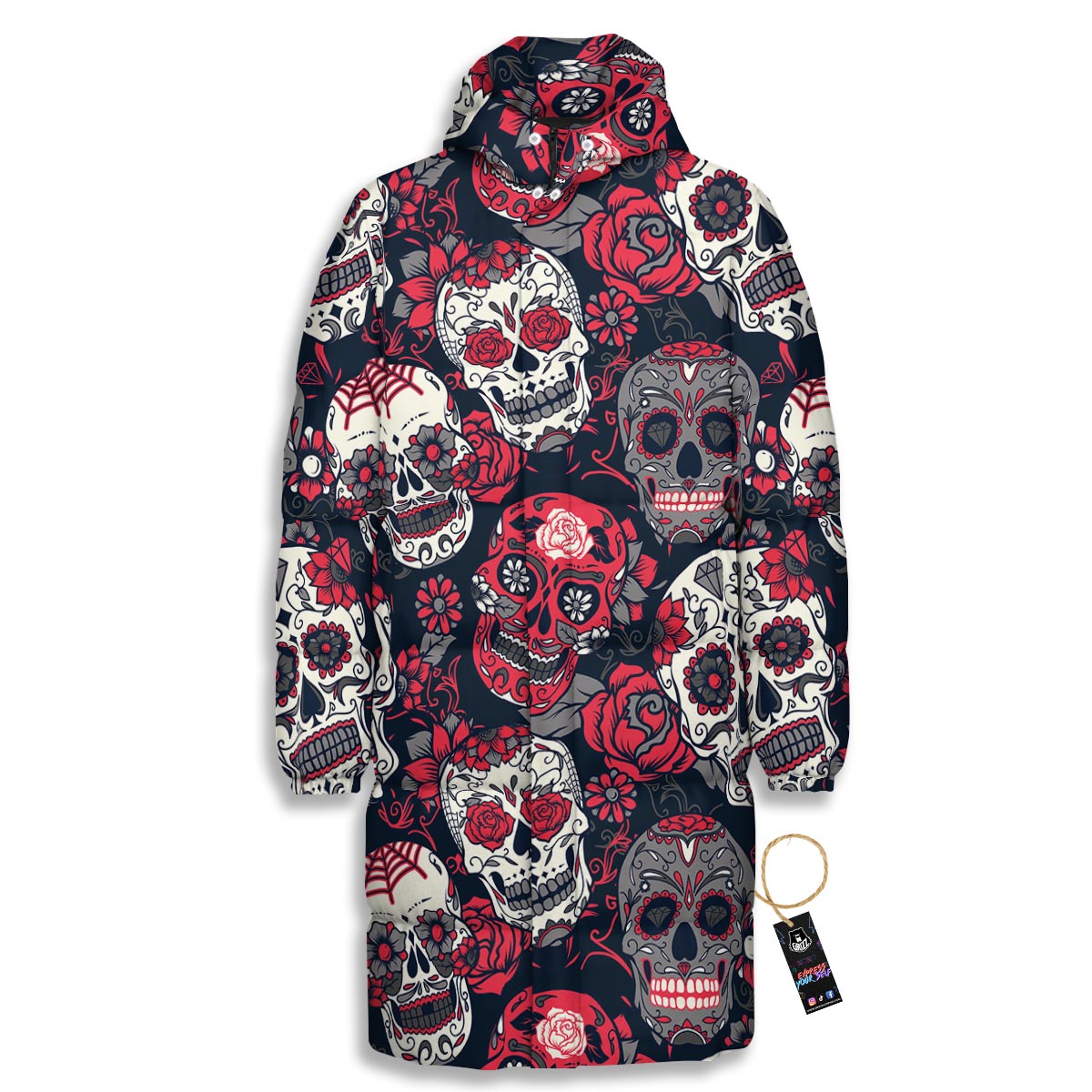Skull Flower Red Sugar Print Pattern Long Down Jacket-grizzshop