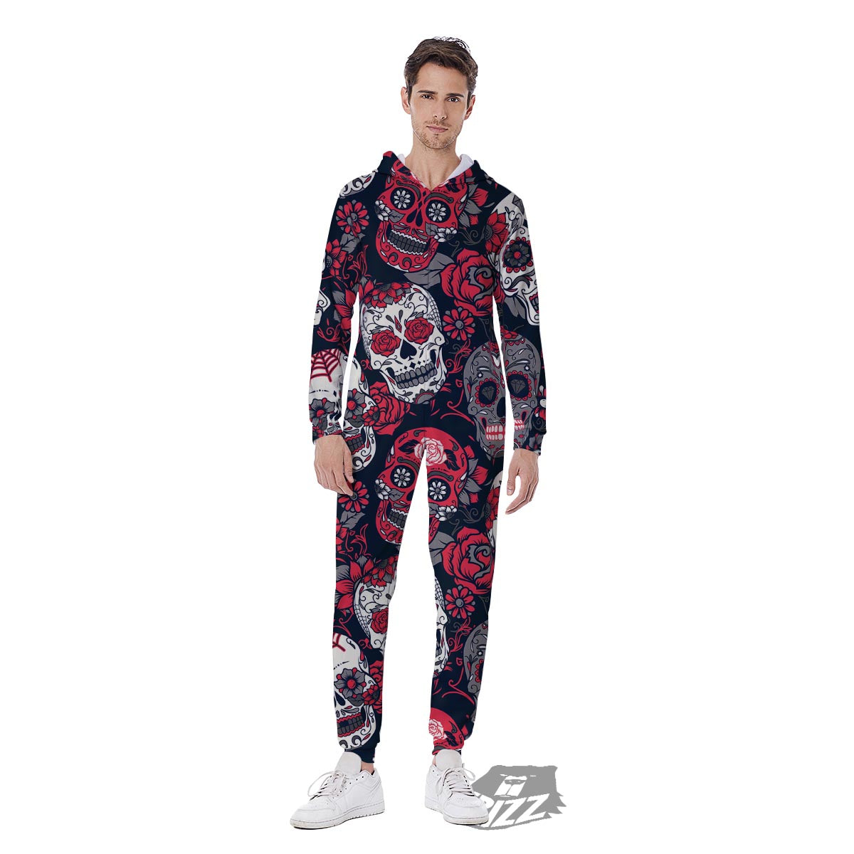 Skull Flower Red Sugar Print Pattern Men's Jumpsuit-grizzshop