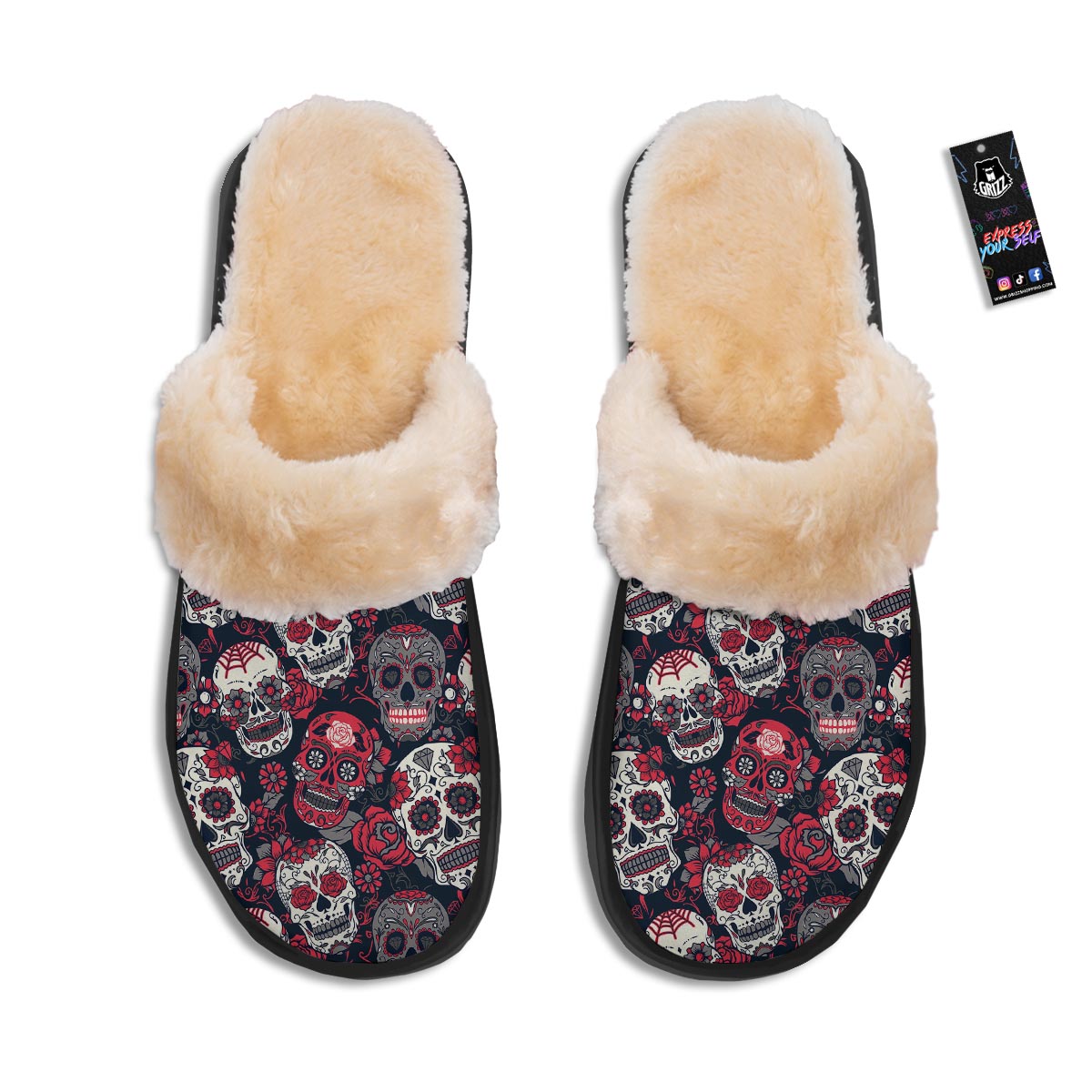 Skull Flower Red Sugar Print Pattern Slippers-grizzshop
