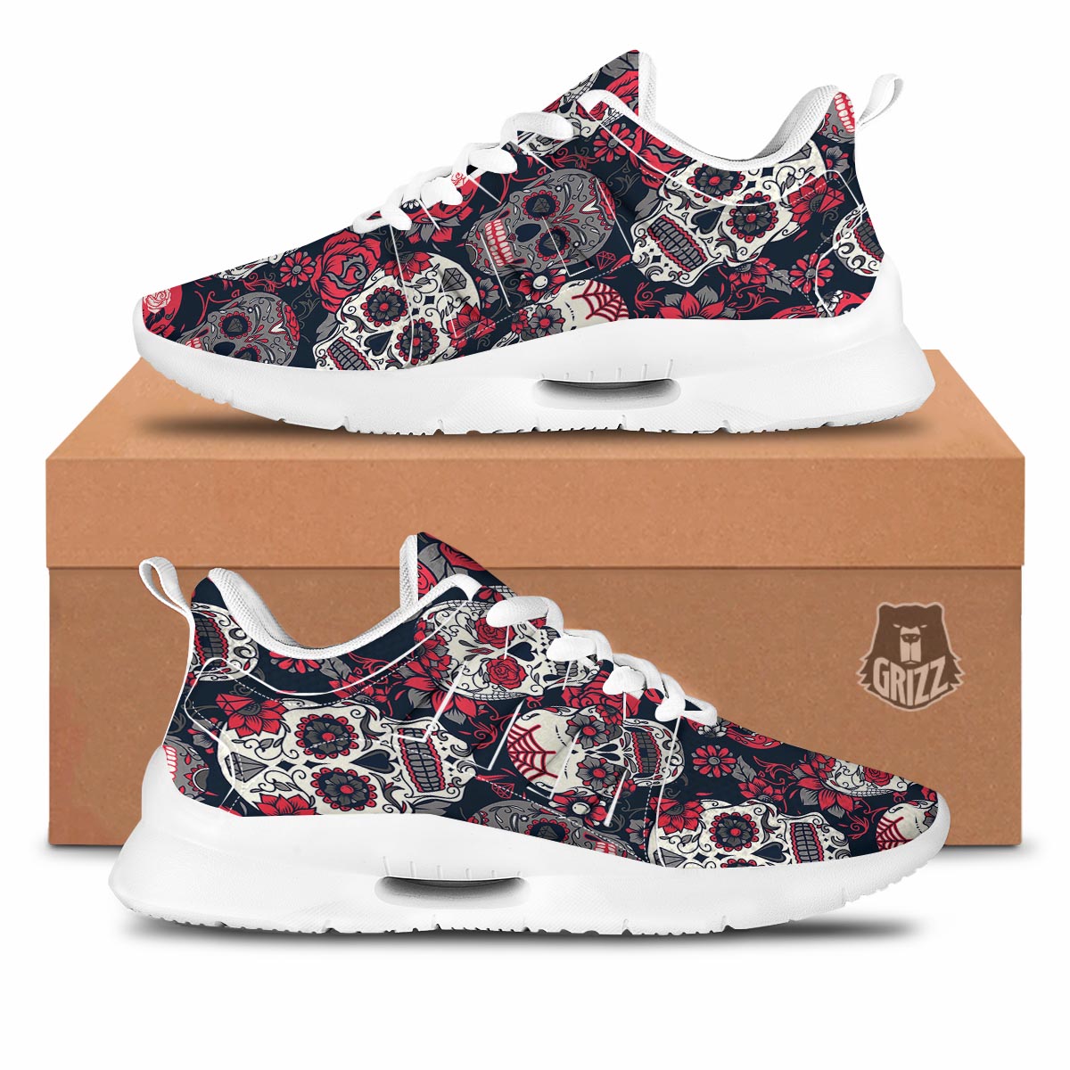 Skull Flower Red Sugar Print Pattern Tennis Shoes-grizzshop